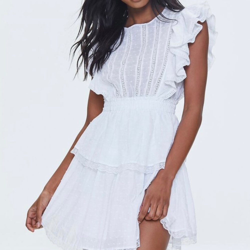 Clip Dot Lace Trim Ruffle Mini Dress in White ✨